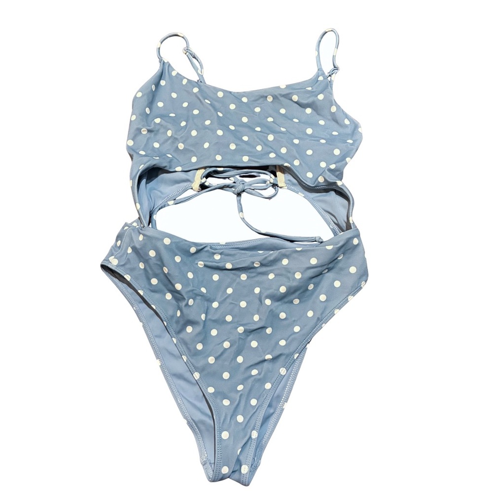 Blue Polka Dot Cut-Out One-Piece Swimsuit | High-Leg & Lace Up Back